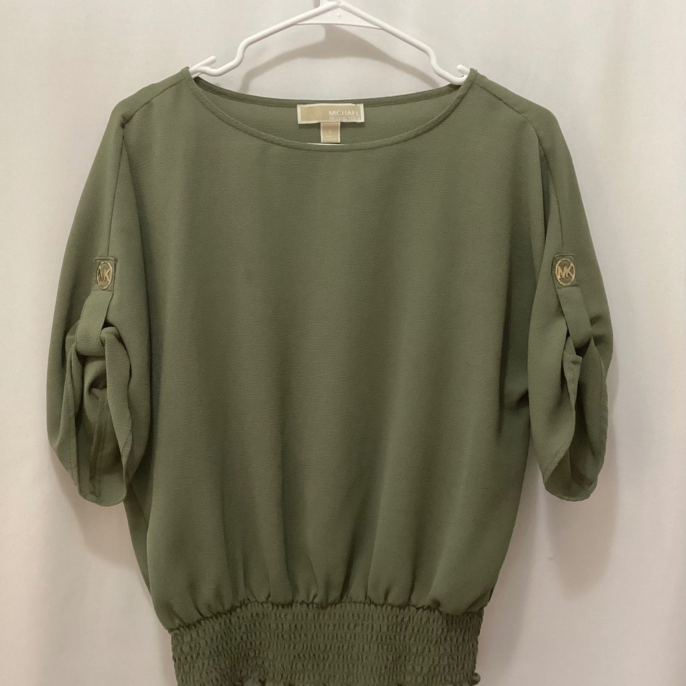 Michael Kors - Size Small - Olive Top with Ruched Hem and Boat Neck